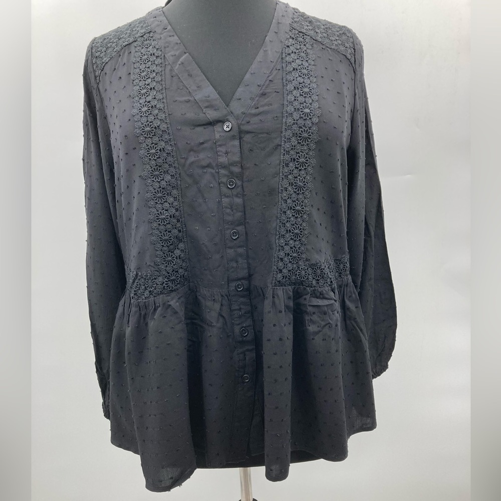 Lane Bryant Women’s Black Lace Detail Button Down Long Sleeve V- Neck Blouse
